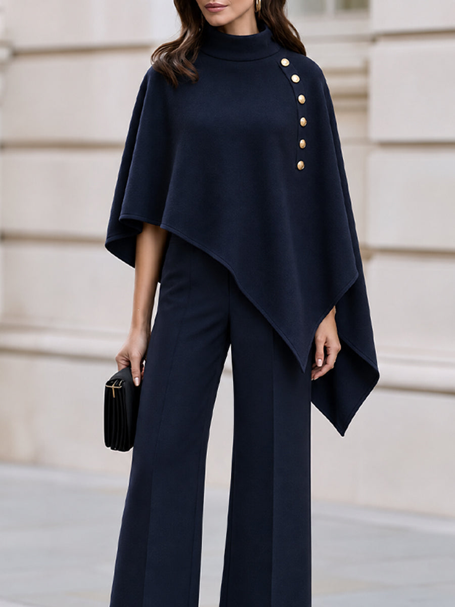High Neck Gold Button Asymmetric Cape Top & Wide Leg Trousers Co-Ord Set