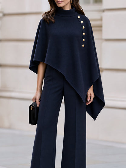 High Neck Gold Button Asymmetric Cape Top & Wide Leg Trousers Co-Ord Set
