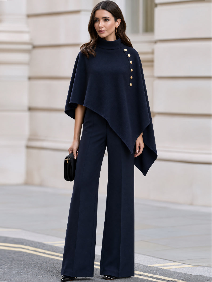 High Neck Gold Button Asymmetric Cape Top & Wide Leg Trousers Co-Ord Set