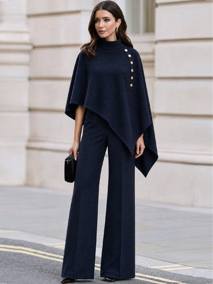 High Neck Gold Button Asymmetric Cape Top & Wide Leg Trousers Co-Ord Set