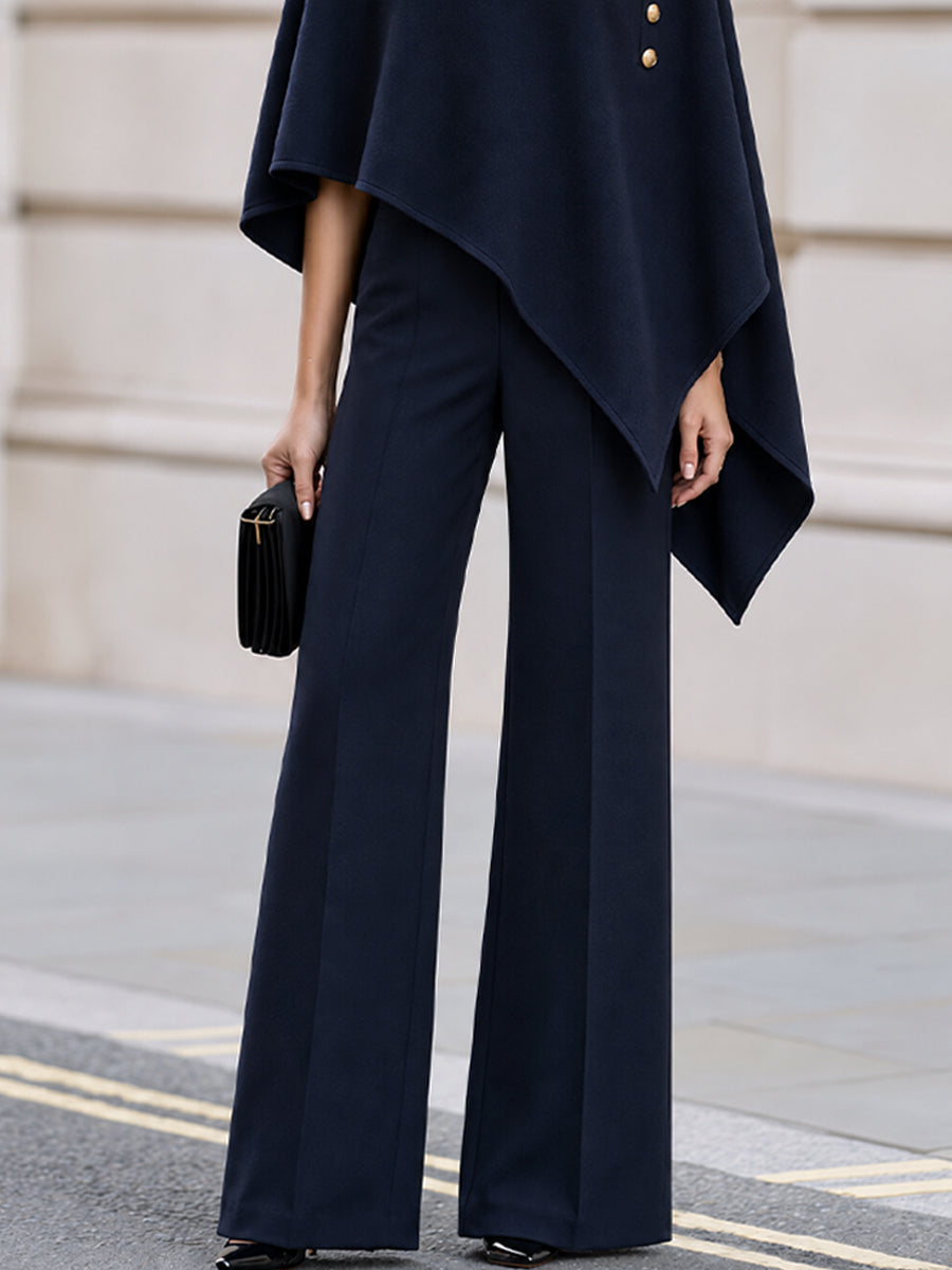 High Neck Gold Button Asymmetric Cape Top & Wide Leg Trousers Co-Ord Set