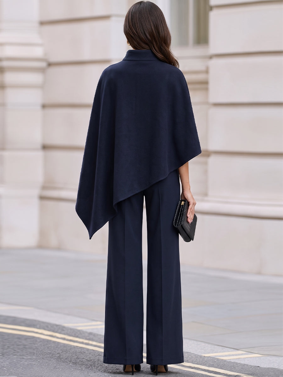 High Neck Gold Button Asymmetric Cape Top & Wide Leg Trousers Co-Ord Set