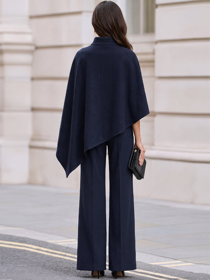 High Neck Gold Button Asymmetric Cape Top & Wide Leg Trousers Co-Ord Set