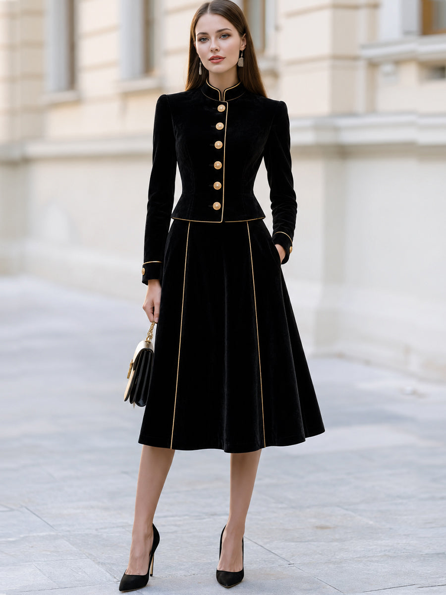 Velvet Gold Piping Mandarin Collar Jacket & Midi Skirt Co-Ord Set