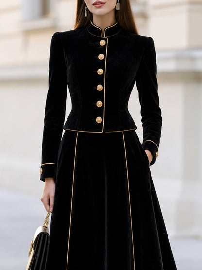 Velvet Gold Piping Mandarin Collar Jacket & Midi Skirt Co-Ord Set