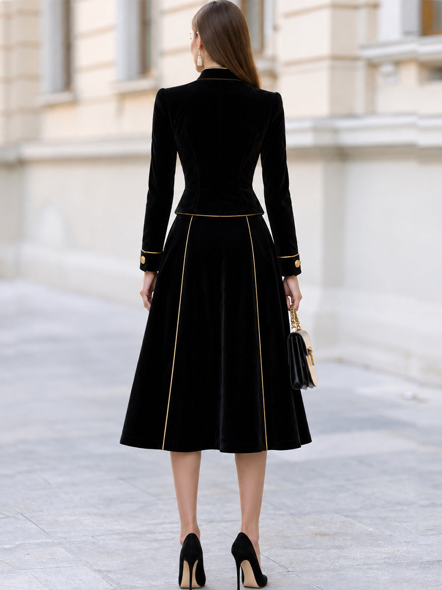 Velvet Gold Piping Mandarin Collar Jacket & Midi Skirt Co-Ord Set