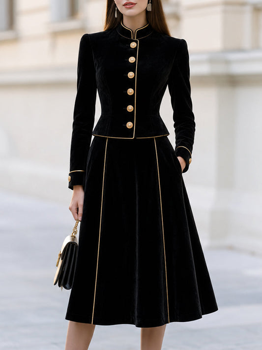 Velvet Gold Piping Mandarin Collar Jacket & Midi Skirt Co-Ord Set