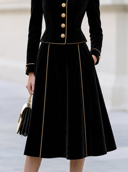 Velvet Gold Piping Mandarin Collar Jacket & Midi Skirt Co-Ord Set
