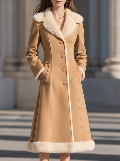 Elegant Faux Fur Collar And Hem Fitted Wool Blend Midi Coat