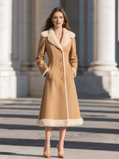 Elegant Faux Fur Collar And Hem Fitted Wool Blend Midi Coat