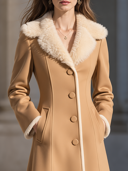 Elegant Faux Fur Collar And Hem Fitted Wool Blend Midi Coat