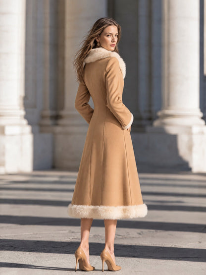 Elegant Faux Fur Collar And Hem Fitted Wool Blend Midi Coat