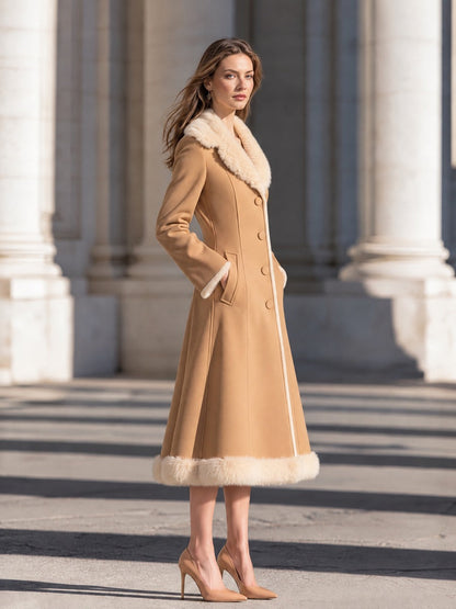 Elegant Faux Fur Collar And Hem Fitted Wool Blend Midi Coat