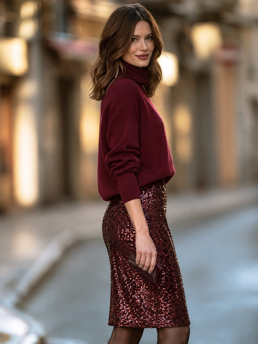 Turtleneck Sweater And Sequin Skirt Set