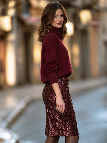 Turtleneck Sweater And Sequin Skirt Set