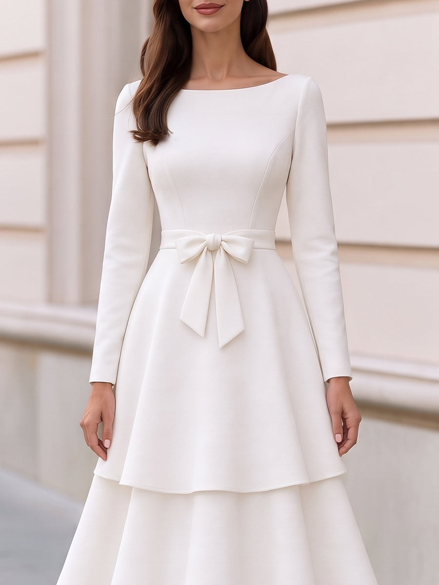 Boat Neck Long Sleeve Bow Waist Tiered Midi Dress