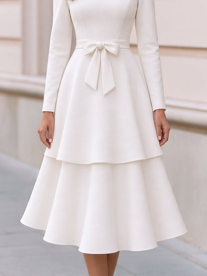 Boat Neck Long Sleeve Bow Waist Tiered Midi Dress