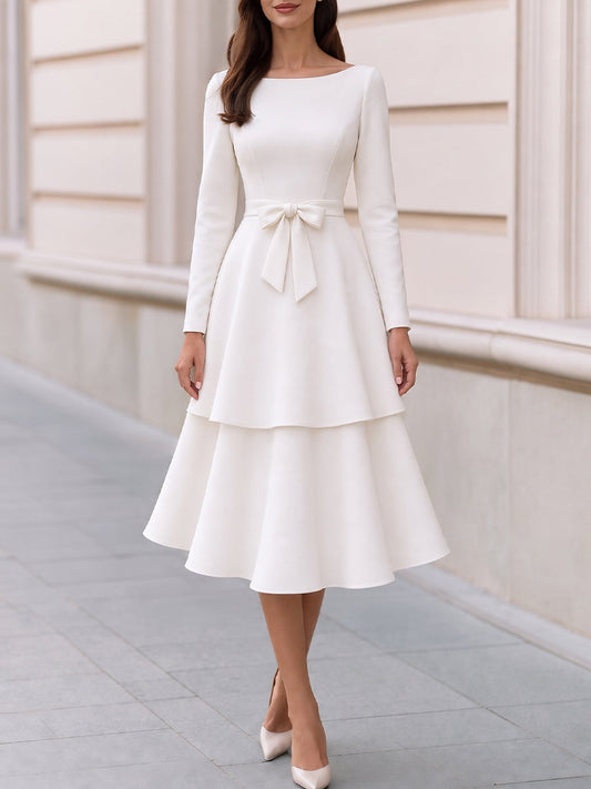 Boat Neck Long Sleeve Bow Waist Tiered Midi Dress