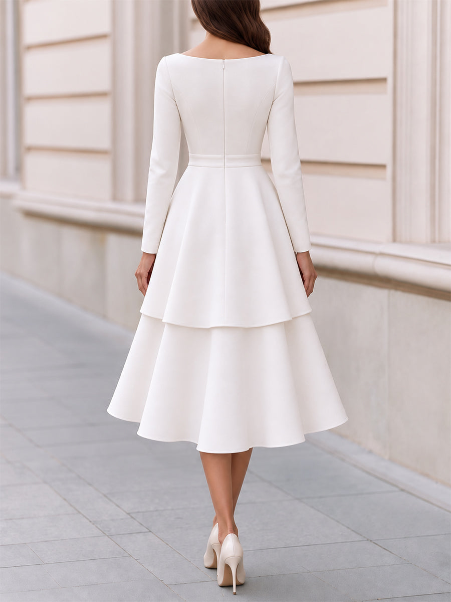 Boat Neck Long Sleeve Bow Waist Tiered Midi Dress