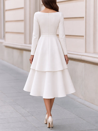 Boat Neck Long Sleeve Bow Waist Tiered Midi Dress