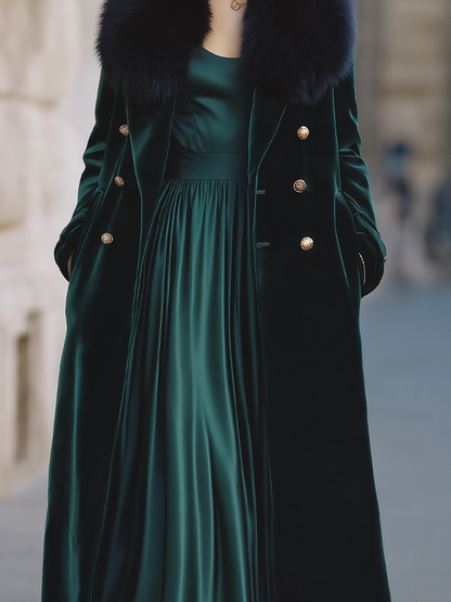 Dark Green Velvet Faux Fur Collar Long Coat & Satin Slip Midi Dress Two-Piece Set