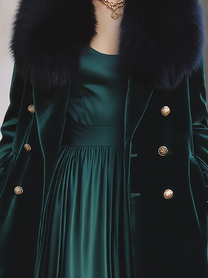 Dark Green Velvet Faux Fur Collar Long Coat & Satin Slip Midi Dress Two-Piece Set