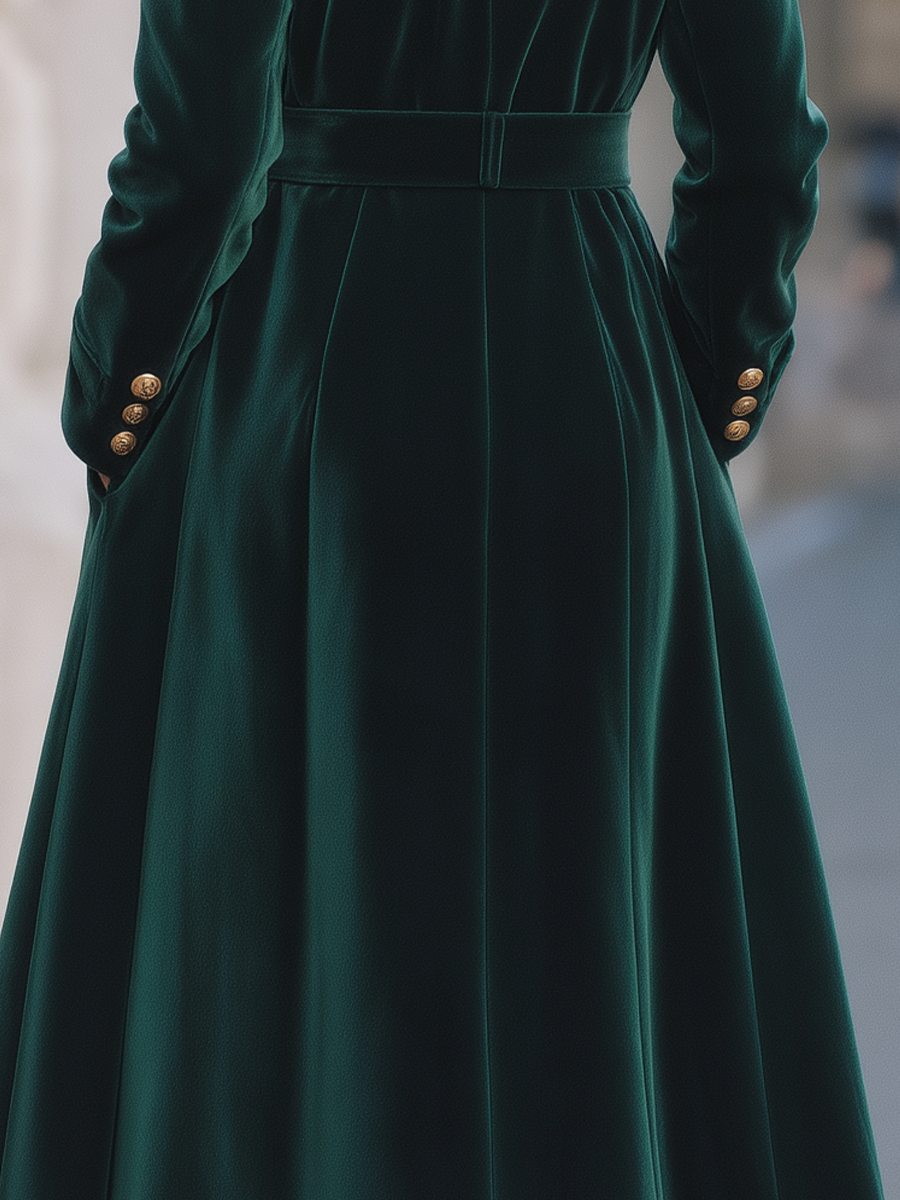 Dark Green Velvet Faux Fur Collar Long Coat & Satin Slip Midi Dress Two-Piece Set