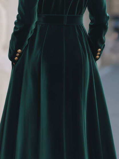 Dark Green Velvet Faux Fur Collar Long Coat & Satin Slip Midi Dress Two-Piece Set
