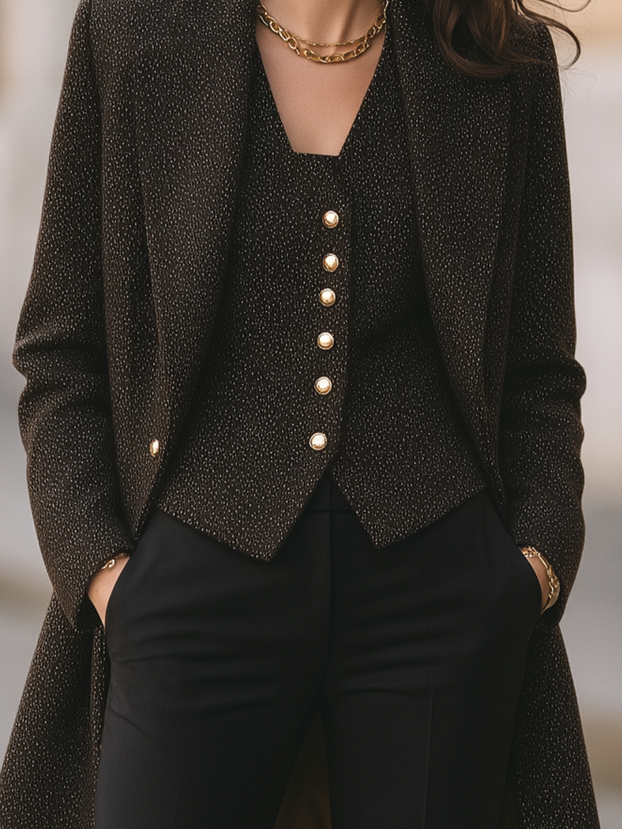 Dark Speckled Tweed Long Coat & Matching Waistcoat Two-Piece Set