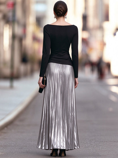 Boat-Neck Asymmetric Ruched Silver Pleated Maxi Dress