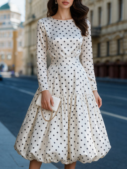 Satin Polka Dot Bubble Hem Midi Dress