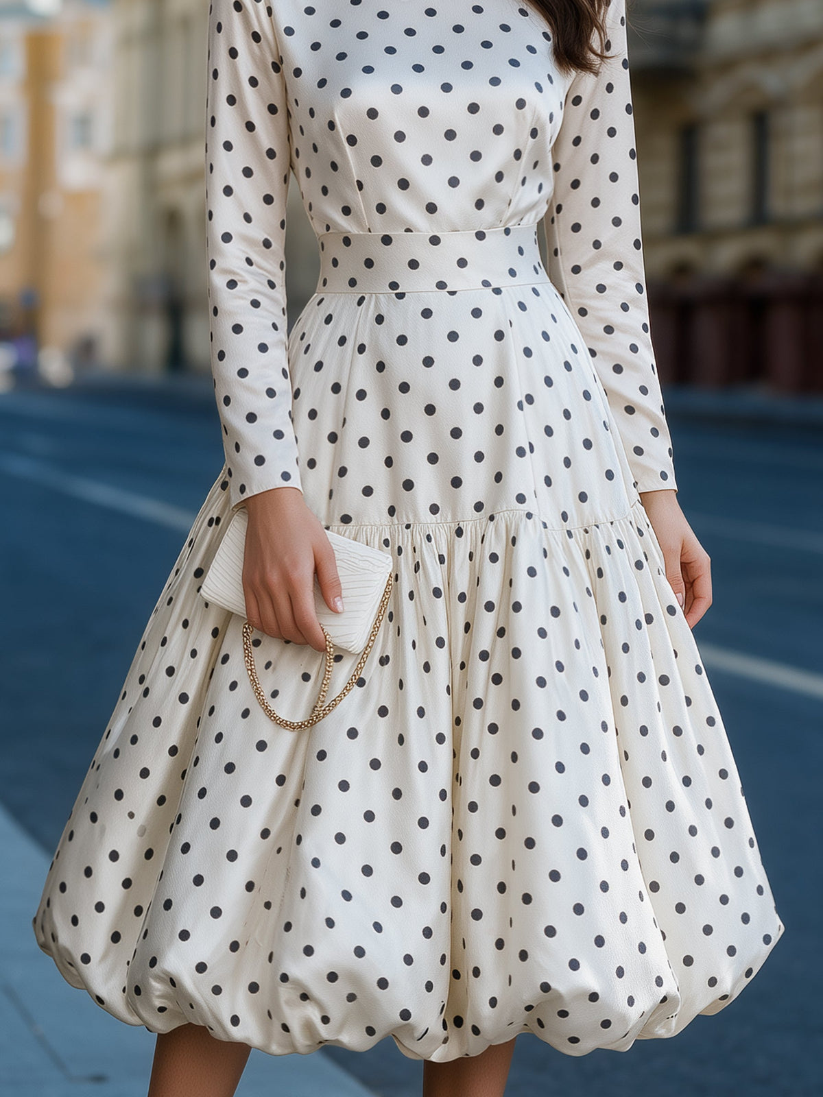 Satin Polka Dot Bubble Hem Midi Dress