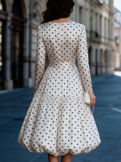 Satin Polka Dot Bubble Hem Midi Dress