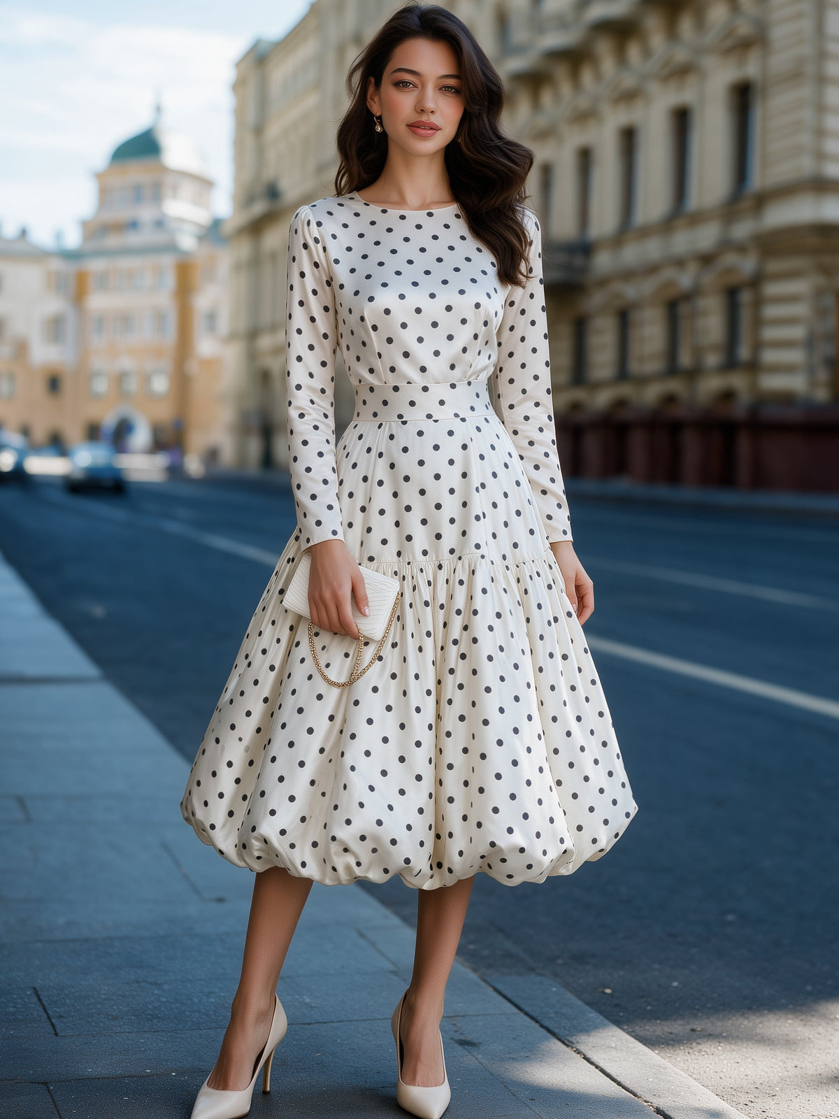 Satin Polka Dot Bubble Hem Midi Dress
