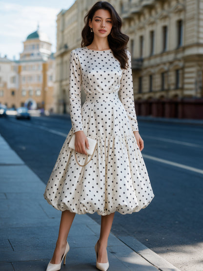 Satin Polka Dot Bubble Hem Midi Dress