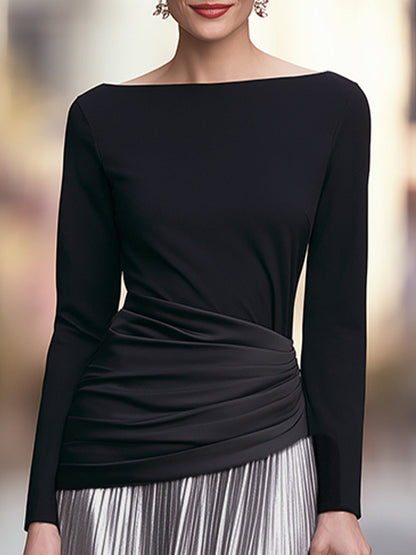 Boat-Neck Asymmetric Ruched Silver Pleated Maxi Dress