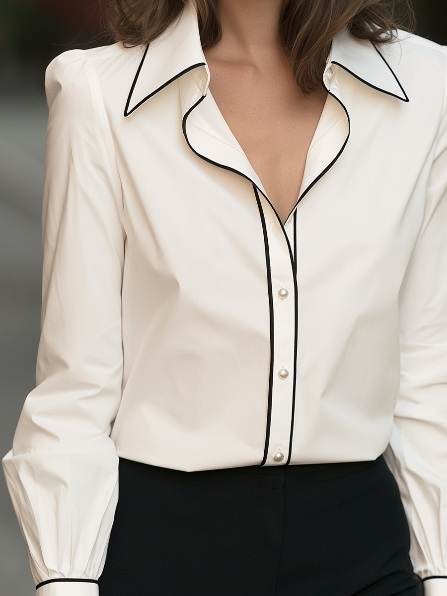 Contrast Piping Button-Front Blouse