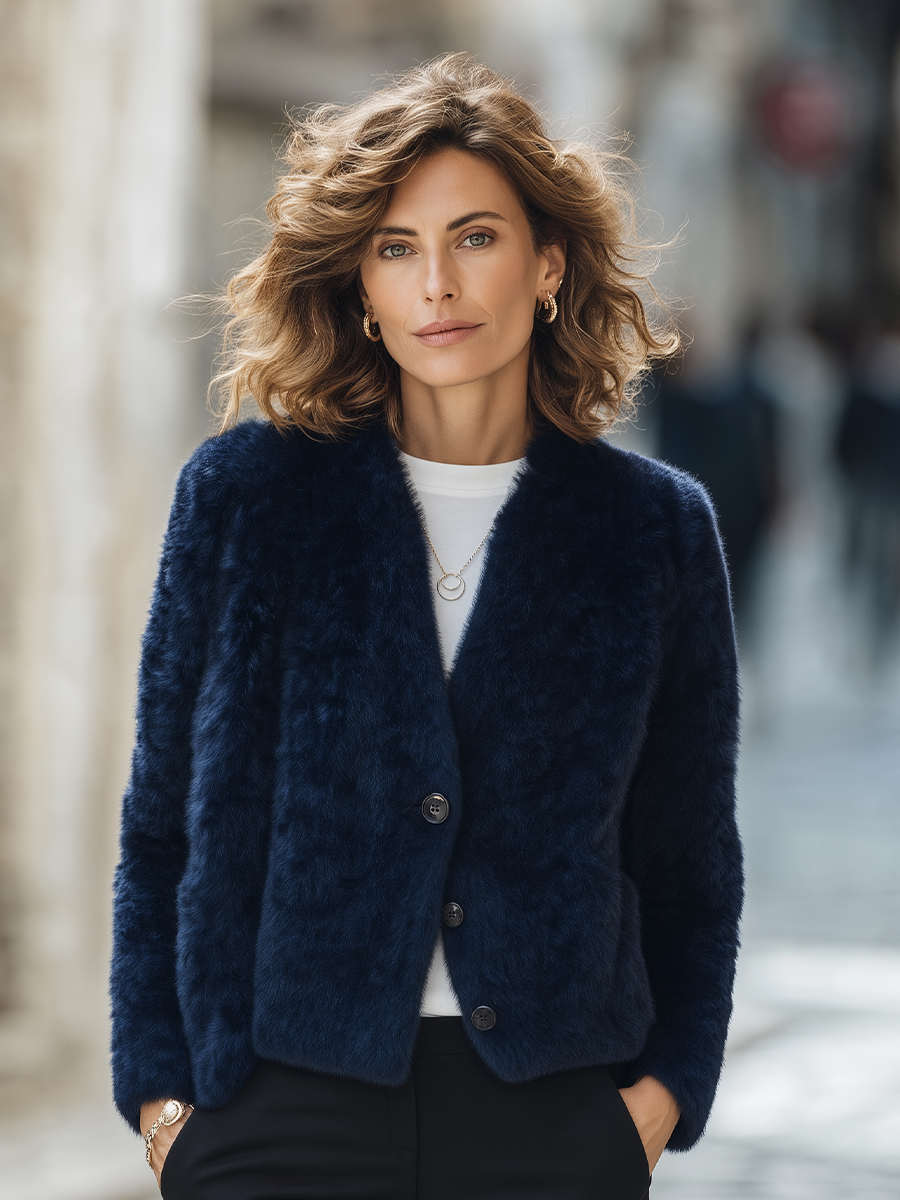 Navy Blue Faux Fur V-Neck Button Front Cropped Jacket