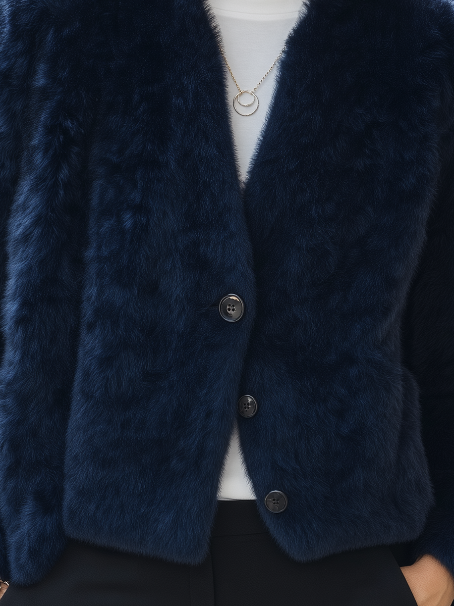 Navy Blue Faux Fur V-Neck Button Front Cropped Jacket