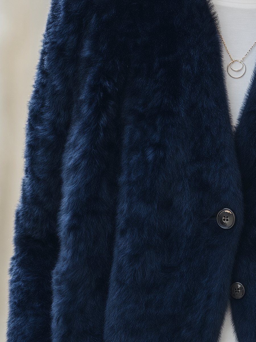 Navy Blue Faux Fur V-Neck Button Front Cropped Jacket