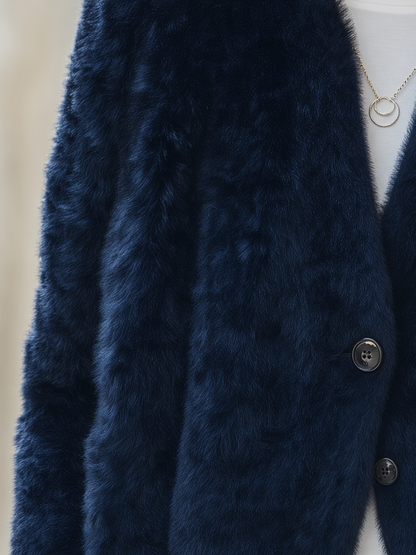 Navy Blue Faux Fur V-Neck Button Front Cropped Jacket