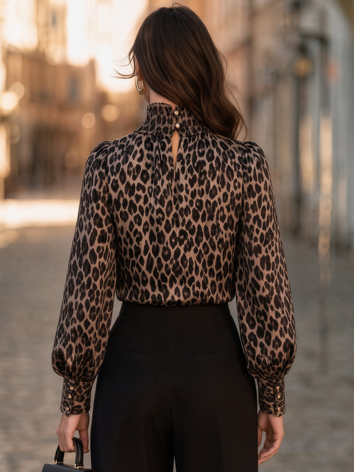 Leopard Print Satin High-Neck Blouse