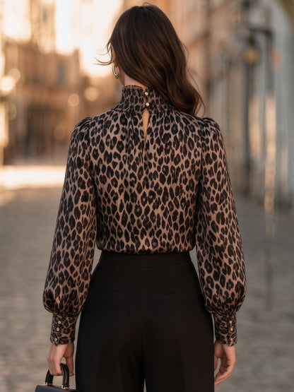 Leopard Print Satin High-Neck Blouse
