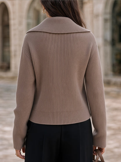 Wide-Collar Zip-Up Ribbed Knit Cardigan