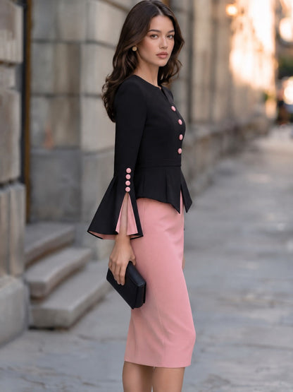 Two-Piece Set Contrast Bell Sleeve Blazer And Pencil Skirt