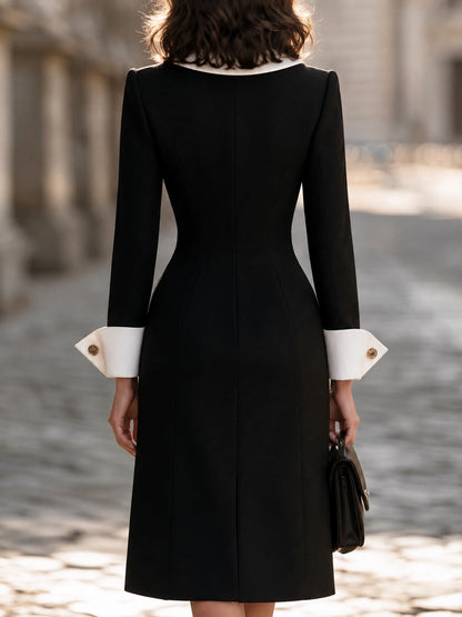 Contrast Lapel Double-Breasted Midi Dress