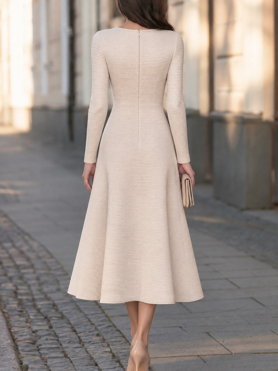 Ribbed Textured Long Sleeve Crew Neck A-Line Midi Dress