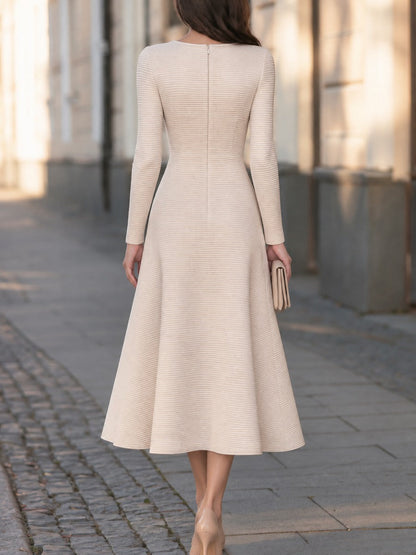 Ribbed Textured Long Sleeve Crew Neck A-Line Midi Dress
