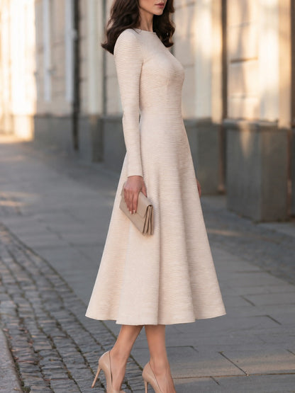 Ribbed Textured Long Sleeve Crew Neck A-Line Midi Dress