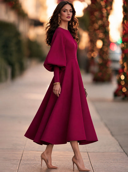 Women's Burgundy Balloon Sleeve Round Neck A-Line Midi Dress